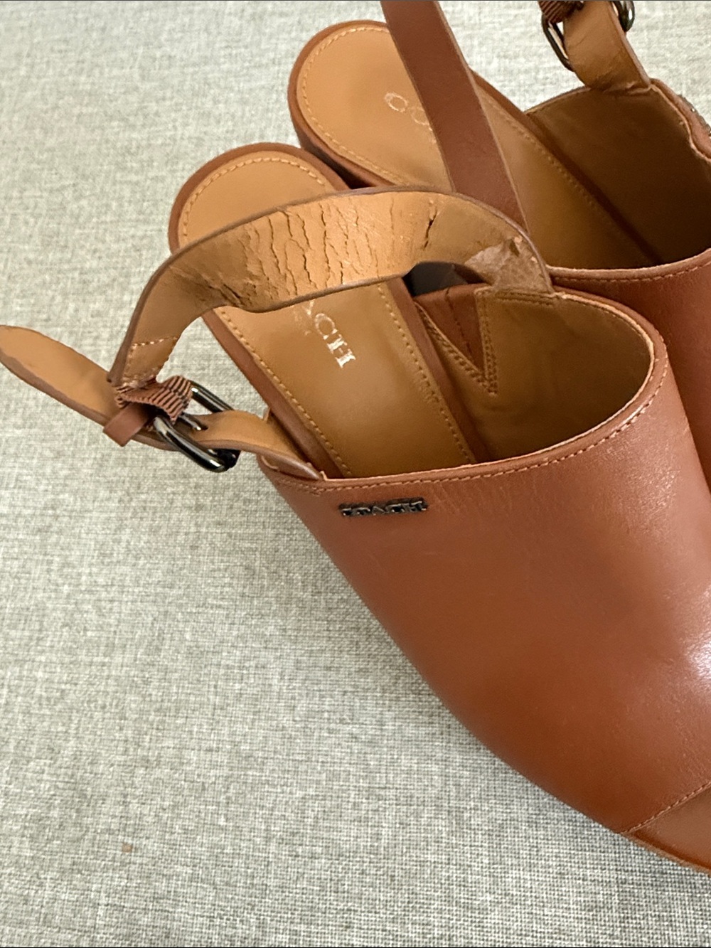 Coach Tan Brady Leather Open-Toe Slingback Block Heels with defect - Picture 2 of 10